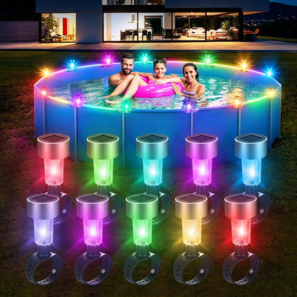 LILITUAN Solar Pool Lights for Above Ground Pools, 10 Pack Waterproof Above Ground Pool Lights, Dusk to Dawn Auto On/Off Decorative Night Lights for Frame Pool, Outdoor Railings (Colour Light)