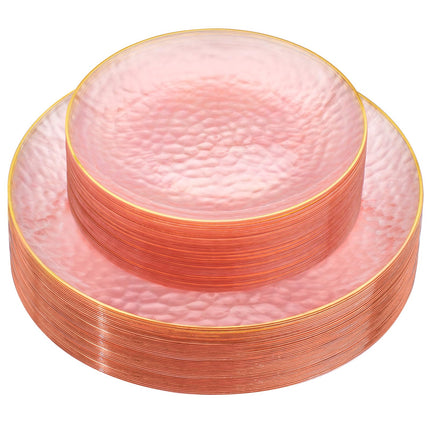 Rubtlamp 60Pcs Pink Plastic Plates,Clear Pink Plates With Gold Rim,Hammered Gold Plates Include 30Pink Plastic Dessert Platos, 30Gold Dinner Platos For Party
