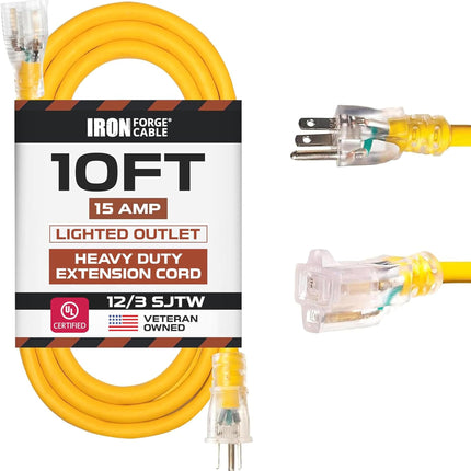 Iron Forge Cable 10 Foot Lighted Outdoor Extension Cord - 12/3 SJTW Heavy Duty Yellow Extension Cable with 3 Prong 15 AMP Grounded Plug for Safety