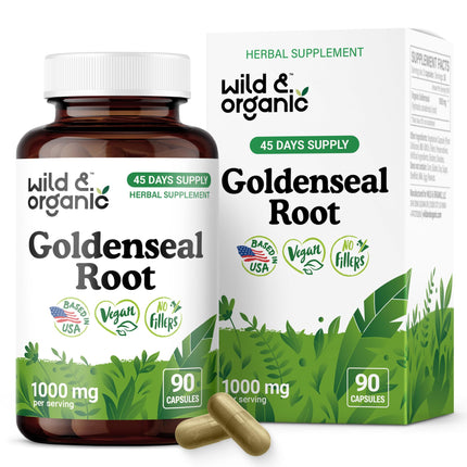 Wild & Organic Goldenseal Root Capsules 1000mg - Immune & Lung Support - 90 Goldenseal Root Powder Capsules - 45 Days Supply - Vegan, No Fillers, Non-GMO