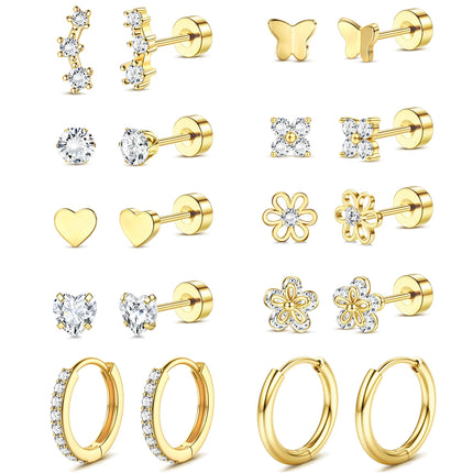 LOLIAS 10Pairs Flat Back Earrings for Women Girls Hypoallergenic Gold Stud