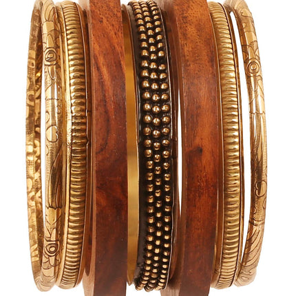 Touchstone wooden women bamboo wood jewelry african bangle bracelets gold bangles brown boho accessories chunky vacation brass statement natural rustic Indian bollywood handcrafted. Set of 7