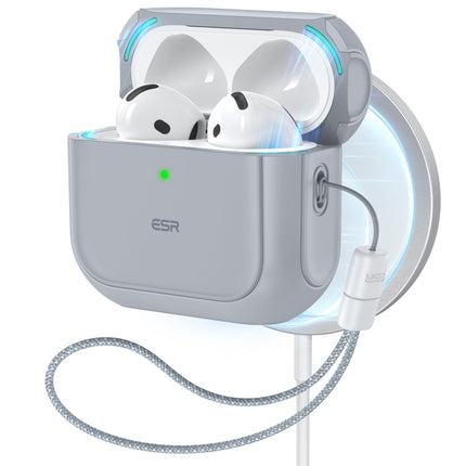 ESR for AirPods 4 Case, Compatible with AirPods 4th Generation Case (2024) (USB-C), Compatible with MagSafe, Drop Protection Cover with Lanyard, Magnetic Lid Lock, Orbit Hybrid Series, Gray