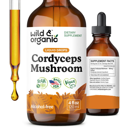 Wild & Organic Cordyceps Tincture - Cordyceps Sinensis Mushroom Extract for Immune & Energy Support - Liquid Mushroom Supplement - Vegan, Sugar & Alcohol-Free Drops - 4 fl oz