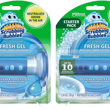Scrubbing Bubbles Fresh Gel Toilet Bowl Cleaning Stamps, Helps Keep Toilet Clean and Helps Prevent Limescale & Rings, Rainshower Scent, 1 Dispenser with 6 Fresh Gel Stamps (Pack of 4)