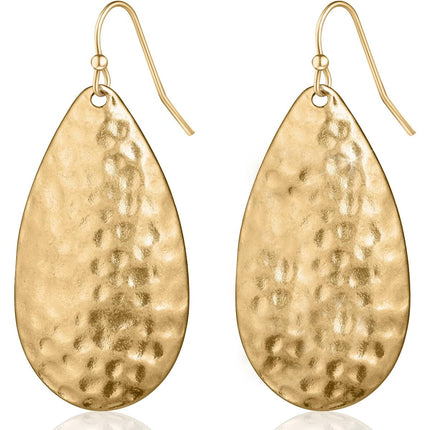 Hammered Teardrop Earrings for Women, Gold Tone Statement Tear Drop Dangles