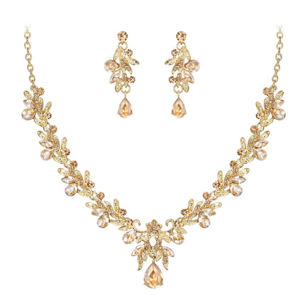BriLove Women's Wedding Jewelry Set Leaf Flower for Bridal Prom Champagne