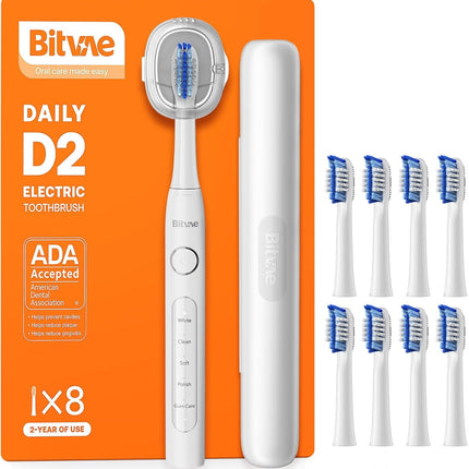 Bitvae Ultrasonic Electric Toothbrush for Adults and Kids, ADA Accepted Travel Toothbrush with Rechargeable 60-Day Battery Life, 5 Modes, 8 Heads, Case, Holder, Frost White