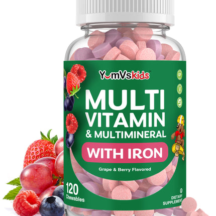 YumVs Kids Multivitamin with Iron & Minerals Chewable Tablets – Grape & Berry Flavor Vitamins for Toddlers & Children Age 2+ – Daily Multivitamin for Immune Support – Kosher, Non-GMO – 120 Chewables
