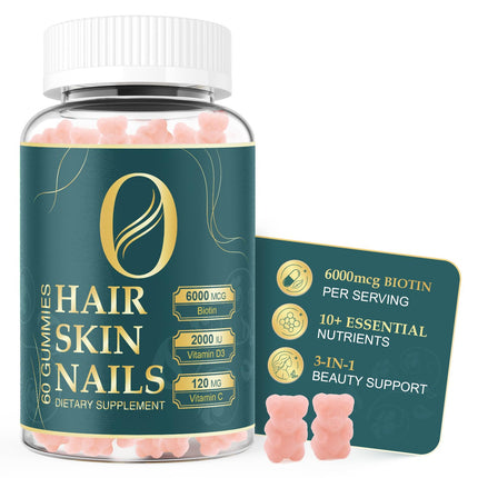 Ormelique Hair Skin and Nails Vitamins for Women - 6000mcg Biotin Gummies, Vegan Beauty Supplement for Healthy Hair, Glowing Skin & Stronger Nails, Daily Beauty Vitamins, 30-Day Supply, 60 Count