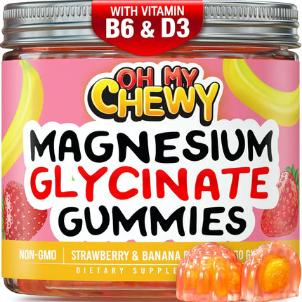OH MY CHEWY Magnesium Glycinate Gummies Supplement - Support for Sleep, Calm, Relax - High Absorption for Kids, Teens & Adults with B6 & D3 - Gluten Free & Vegan Friendly