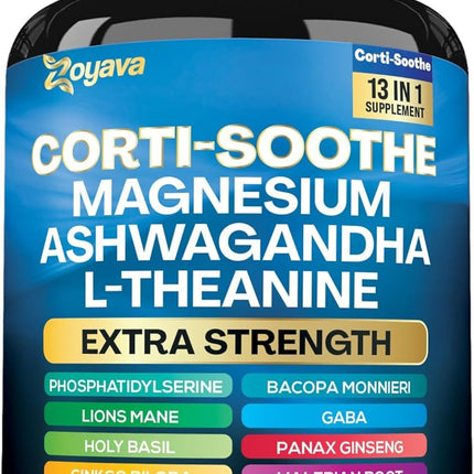 Zoyava Corti-Soothe Cortisol Supplement Magnesium Glycinate 200mg L-Theanine 150mg Ashwagandha 150mg Phosphatidylserine Cortisol Manager Lions Mane Ginkgo Biloba Bacopa Monnieri Valerian Root 60 Caps