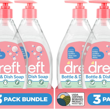 Dreft Bottle and Dish Soap | Made to Clean Baby Bottles,Sippy Cups,Pacifiers,Breast Pumps,& More | Gently Removes Milk Film & Odors-| Plant Based,Fragrance Free Dish Soap-| 18 Fl Oz,(Pack of 6)