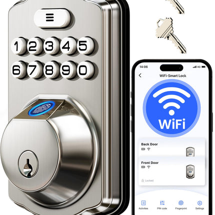 Veise VE012W Built-in WiFi Fingerprint Smart Lock, App Remote Control, Compatible with Alexa & Google Assistant, Keyless Entry for Front Door, Digital Keypad Deadbolt, Auto Lock, Satin Nickel