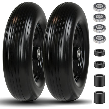 4.80/4.00-8 Solid Wheel with 1" Bore, 4.80-8 Tire with 3" Centered Hub - Complete Kit Includes Bearings & Spacers - for Wheelbarrow Log Splitter Wheel Barrel Yard Cart Garden Wagons - 2Pack