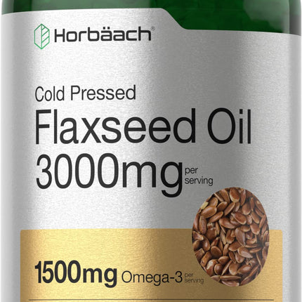 Horbäach Flaxseed Oil Softgel Capsules 3000mg | 300 Count | High Potency | with Omega 3 6 9 | Cold Pressed Flax Seed | Non-GMO, Gluten Free
