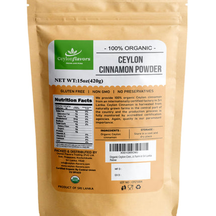 Organic Ceylon Cinnamon Powder, 15 oz, True Cinnamon, Premium Grade, Harvested & Packed from a USDA Certified Organic Farm in Sri Lanka