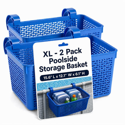 Papapacks 2 Packs XL Poolside Storage Basket for Above Ground Pools – 15.6" L x 12.1" W x 6.1" H - Swimming Pool Organizer Patio Accessories – Made in Europe – (Blue)
