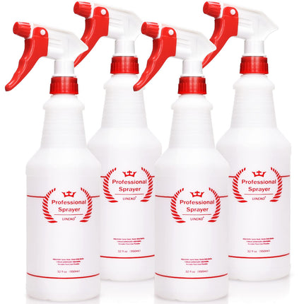 Uineko Empty Spray Bottles, Heavy Duty Sprayer, Mist & Stream, 4 Pack 32 Oz