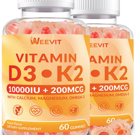 WEEVIT Vitamin D3 10000iu & K2 (as MK7) 200mcg Gummies w/Calcium, Magnesium, Omega-3, Vitamin C, B12, K2 D3 Supplement for Women & Men - Vegan, Sugar Free