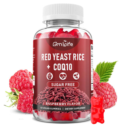GrnLife Red Yeast Rice with Coq10 Gummies, Red Yeast Rice Supplement, Sugar Free, Raspberry Flavor, 60 Count