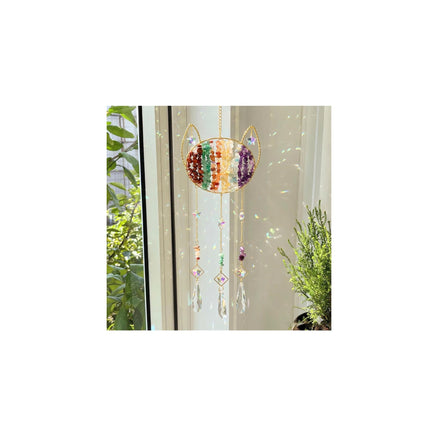 Cat Memorial Crystal Suncatcher - Natural Gemstone Rainbow Maker Wall Hanging Decor, Healing Stone Cat Lover Gifts for Women,Chakra CrystalWind Chimes for Window, Home, Garden Decoration