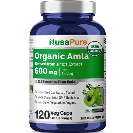 NusaPure Organic Amla Capsules 600 mg , 120 Veg Capsules (USDA, Vegan, Non-GMO)