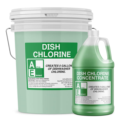 Active Element Dish Chlorine Concentrate - Food Contact Surfaces- Commercial Dishwasher - No Rinse - Food Service Kitchen - Multi-Use - Makes one 5-Gallon Pails (Diluted Further to 1,280 Gallons)