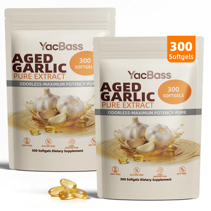 YacBass Aged Garlic Extract - 300 Softgels Odorless Garlic Supplement for Heart Health, Immune Support & Antioxidant Benefits,Non-GMO,Gluten Free(2 Pack)