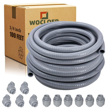 Wocloer 3/4 inch 100Ft Liquid-Tight Conduit Kit, Flexible Non Metallic Electrical Conduit, with 6 Straight and 5 Angle Fittings Included. 3/4" Dia