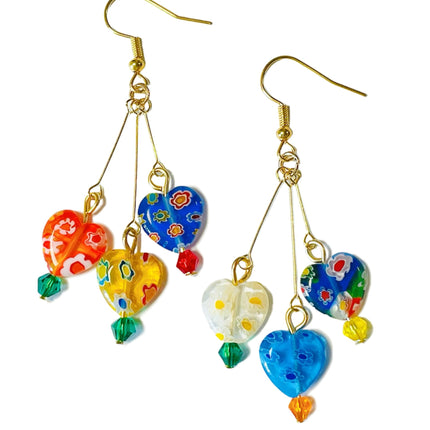 Murano Style Glass Earrings, Colorful Heart Shape Millefiori Beads Drop Dangle Earrings, 18k Gold Plated Multicolor Glass Jewelry, Trendy Gifts for Women Girls
