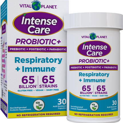 Vital Planet - Intense Care Respiratory and Immune Probiotic Lung Support Supplement with Organic Prebiotics, Postbiotics, and Parabiotics, Lactobacillus Rhamnosus, 65 Billion CFU, 65 Strains, 30 Ct