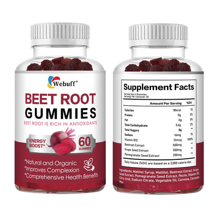 Webuff Beet Root Gummies - Nitric Oxide Booster with Organic Beet, Pomegranate & Grape Seed, Vitamin B12 - Energy, Circulation & Heart Health Support, Vegan, Non-GMO, 60 Count (Pack of 2)
