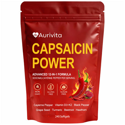 herbies Aurivita Capsaicin Softgels – Digestive & Gut Health, with Cayenne Pepper, Vitamin D3 & K2, Beetroot, Grape Seed & Botanical Extracts – 240 Capsules