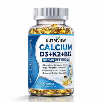 TAWODIUM Nutriview Calcium D3 + K2 + B12 Softgels, 2000mg Suplemento De Calcio, Glucosamina + Condroitin Added, Strengthen Bones and Teeth, Boost Energy, Vegen, Non-GMO, 120 Capsules (1)
