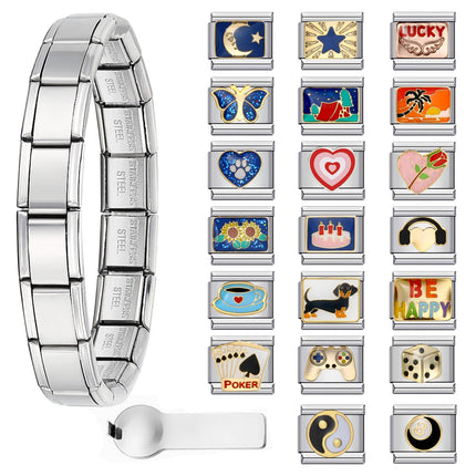 Double Fair Silver Italian Charm Bracelet with 20 Interchangeable Charms (Moon, Stars, Wings, Poker) + Opener, DIY Adjustable Stainless Steel Bracelet for Women & Men