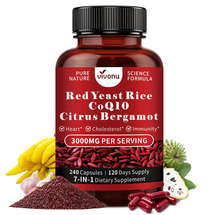 VivoNu Red Yeast Rice with CoQ10, Citrus Bergamot Supplements* | 3000mg Red Yeast Rice, Citrus Bergamot, CoQ10, 240 Capsules