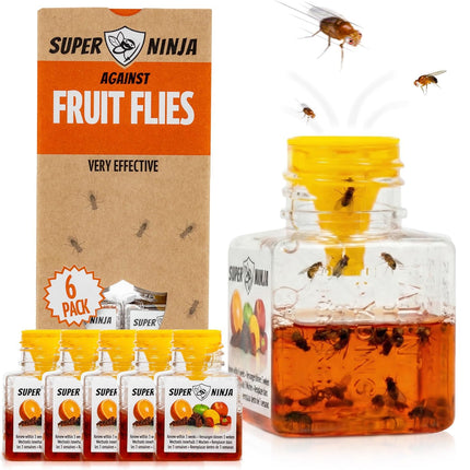 Super Ninja Fruit Fly Traps for Indoors - 6 Pack, Highly Effective Fruit Fly Catcher for Indoor Use for Home & Kitchen, Up to 3 Weeks of Performance per Bottle, Kid & Pet Friendly