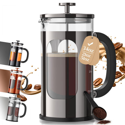 Veken 34oz French Press Coffee Maker, No Plastic Touching Cafe,1 L Cafetera