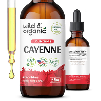 Wild & Organic Cayenne Pepper Extract Drops - Antioxidant & Digestive Support - Liquid Capsaicin Supplements for Fast Absorption - Cayenne Tincture - No Spicy Aftertaste, Alcohol-Free - 2 fl oz