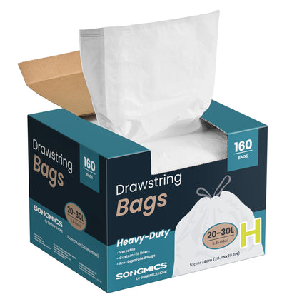 SONGMICS Trash Bags, Drawstring Kitchen Garbage Bags, Pre-Separated, Quick-Dispense Box, for 8-Gallon (30 L) Trash Cans, Liner Code H, 4 Rolls, 160 Count, White UKRB031A04
