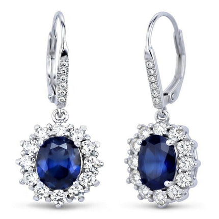 Amy & Annette Blue Sapphire Earrings - 18k White Gold Plated Leverback Drop and Dangle Halo Earring for Women - Great Gift Idea for Every Occasion