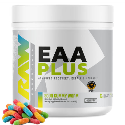 RAW EAA Plus, Amino Acids Powder, Sour Gummy (30 Servings) - Pre Workout Amino Energy Powder for Advanced Endurance, Recovery & Lean Muscle Growth - BCAA Amino Acids Supplement for Men & Women