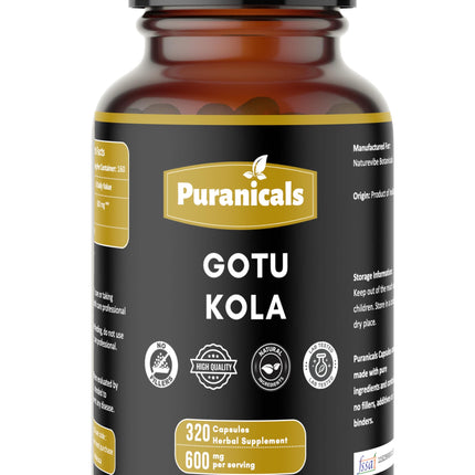 Puranicals Gotu Kola Premium 320 Capsules Non GMO and Gluten Free | Herbal Supplement | 600 mg Per Serving | Made with 100% Pure Gotu Kola Powder