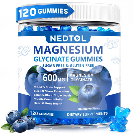 Nedtol Magnesium Glycinate Gummies 600mg, Sugar Free Magnesium Potassium Supplement for Adults with Magnesium Glycinate, Vitamin D, B6,and CoQ10 for Sleep, Body Support and Relaxation,120 Count