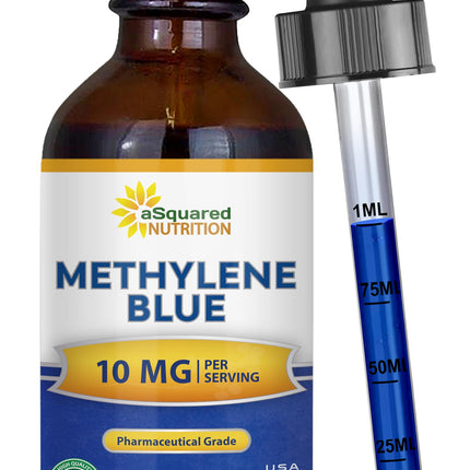 aSquared Nutrition Methylene Blue Drops - 1% Pharmaceutical Grade Liquid Supplement for Humans - 10mg USP Grade w/Vitamin C - No Formaldehyde - Brain & Energy Alternative to Capsules (2 fl oz)