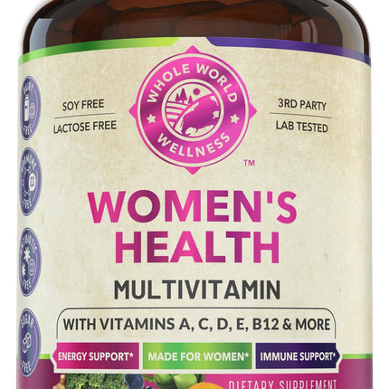 WHOLE WORLD WELLNESS Womens Daily Multivitamin Multimineral Supplement for Energy, Mood, Focus, Hair, Skin & Nails. Made for Women with 30+ Nutrients, Fruit & Energy Blend. Womens Vitamins, USA Made.