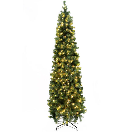 Okicoler Pre-Lit Pencil Artificial Holiday Slim Christmas Tree with Warm Lights and Metal Base Stand for Home, Office, Party Decoration,Green (6.5ft)