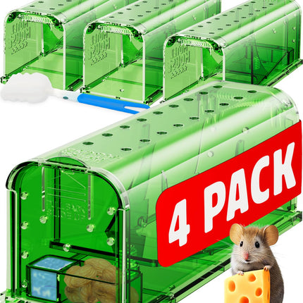 Motel Mouse Humane Mouse Traps No Kill Live Catch and Release 4 Pack - Reusable, Easy to Use & Clean, No Touch Release, Sensitive Includes Cleaning Brush, Instruction Manual & Video - Mousetrap Indoor