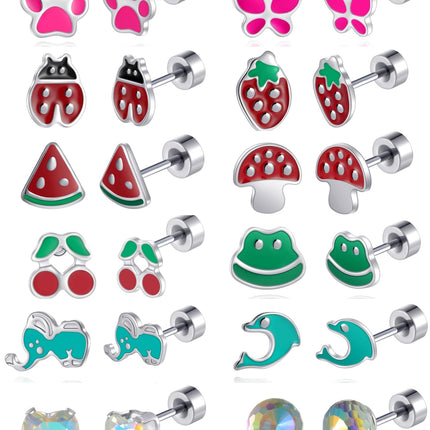 16 Pairs Hypoallergenic Screw Back Earrings for Women Girls 316L Stainless Steel Unicorn Butterfly Strawberry Cherry Flat Back Stud Earrings Jewelry Gift